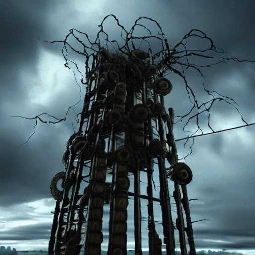 Image similar to giant evil bio-organic fleshy complex machine tower with tendrils and one eyeball at the top looking over a stormy post-apocalyptic wasteland, dystopian art