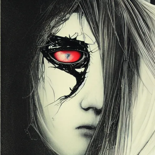 Image similar to Yoshitaka Amano blurred and dreamy illustration of an anime girl with pirate eye patch, wavy white hair and cracks on her face wearing Elden ring armour with the cape fluttering in the wind, abstract black and white patterns on the background, noisy film grain effect, highly detailed, Renaissance oil painting, weird portrait angle