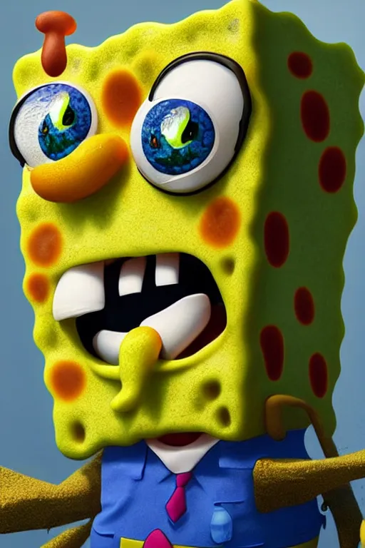 Image similar to photorealistic photo of spongebob squarepants, unsettling, stare, hyper detailed, realistic lighting, rtx on, featured on artstation