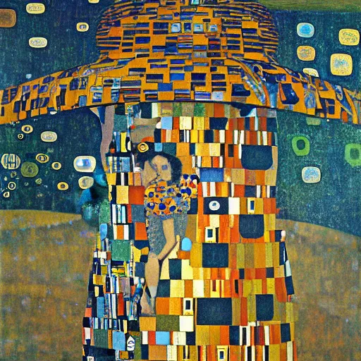 Prompt: men and women looking out of the porthole windows on a large ufo in the sky above a town painting by gustav klimt