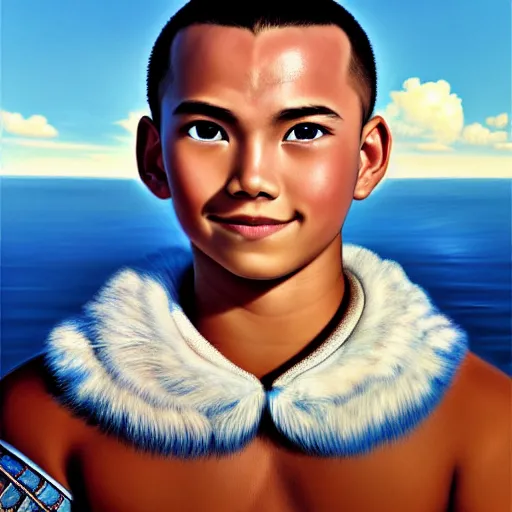 Image similar to beautiful serene intricate portrait of sokka from the water tribe as a young inuit man with light blue eyes, smiling softly, relaxing on the beach, golden hour, soft focus, 8 k, art by irakli nadar, hyperrealism, hyperdetailed, ultra realistic