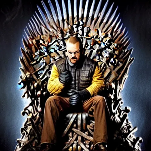 Image similar to “Very photorealistic photo of Walter White sitting on the Iron Throne from Game of Thrones, award-winning details”