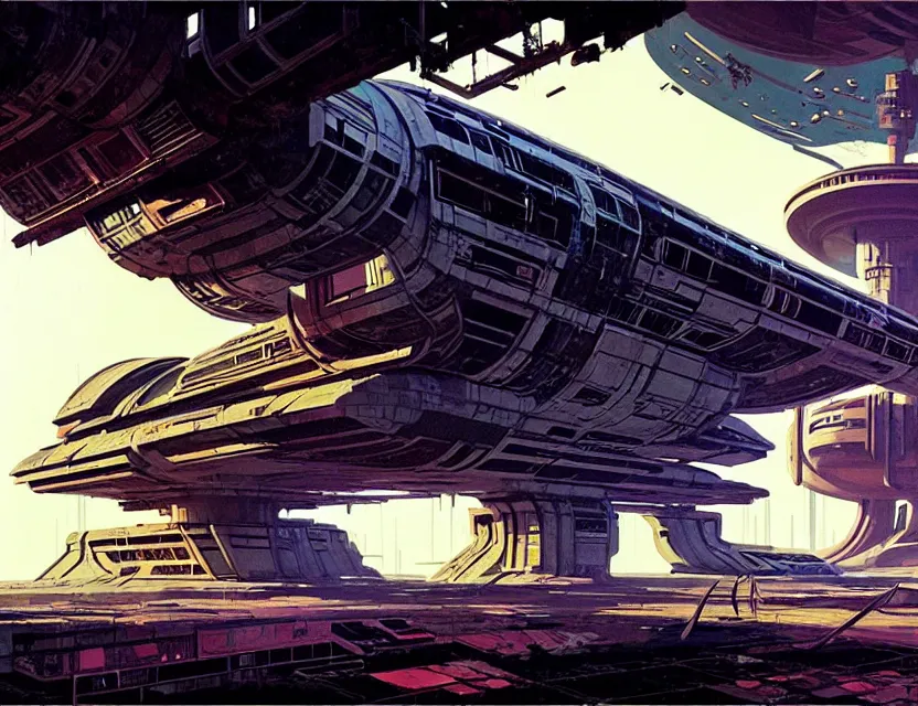 Image similar to concept art of an abandoned space station, by syd mead, cyberpunk, derelict, ancient, intricate details, cinematic, epic