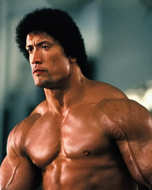 Image similar to Film still close-up shot of Dwayne Johnson as Rocky Balboa from the movie Rocky. Photographic, photography