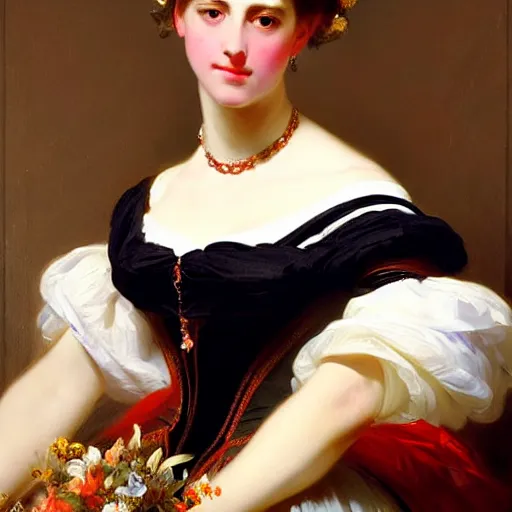 Image similar to beautiful painting of a queen by franz xaver winterhalter, highly detailed, vivid, romanticism, 1 8 6 0 s style art, high quality, elegant, fancy