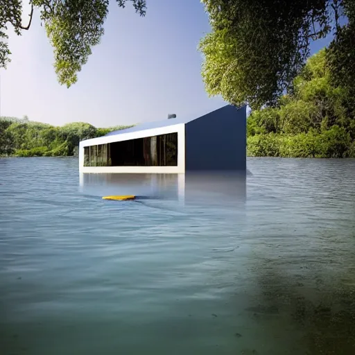 Prompt: ” water floating futuristic house surrounded by water ”