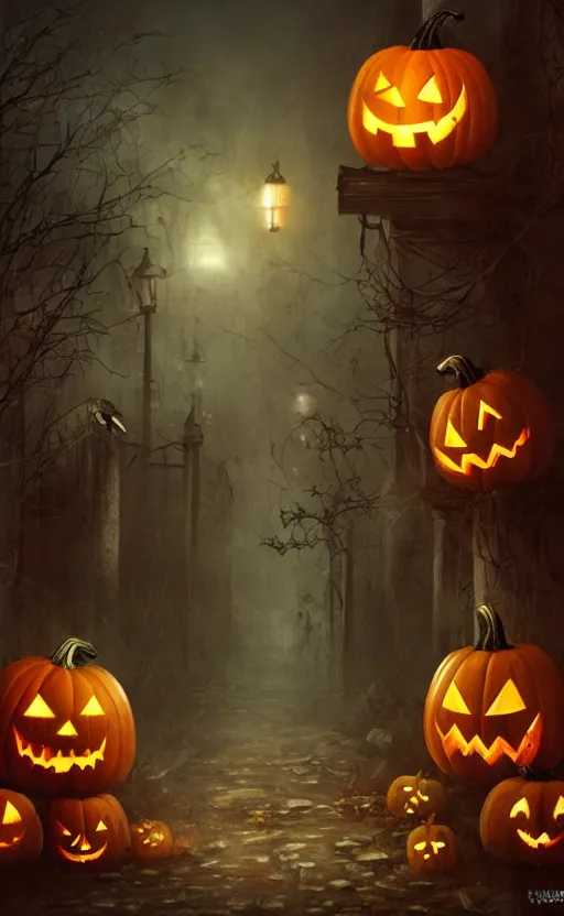 Prompt: a creepy and eery Halloween setting, with Jack o lanterns on the street and ghost roaming around, dynamic lighting, photorealistic fantasy concept art, stunning visuals, creative, cinematic, ultra detailed, trending on art station, spooky vibe