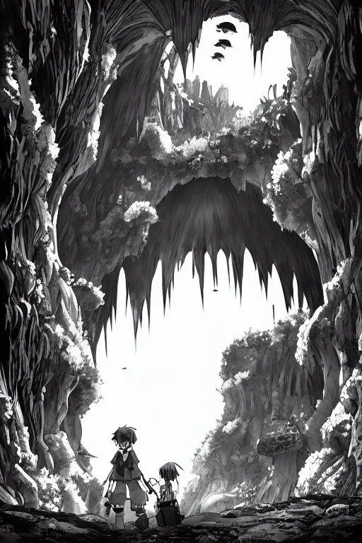 Image similar to overgrown cave, deep abyss cave manga background black and white, in style of made in abyss, no humans,