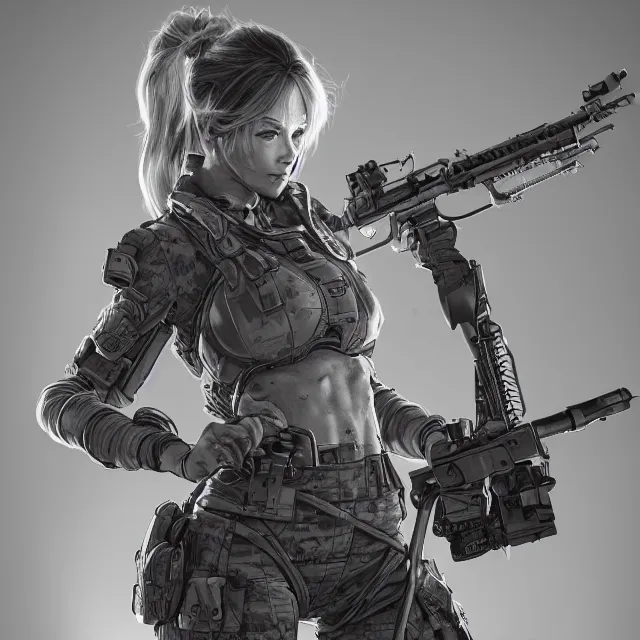 Prompt: the portrait of lawful neutral female futuristic marine sniper as absurdly beautiful, gorgeous, elegant, young gravure idol, an ultrafine hyperdetailed illustration by kim jung gi, irakli nadar, intricate linework, bright colors, octopath traveler, final fantasy, unreal engine 5 highly rendered, global illumination, radiant light, detailed and intricate environment