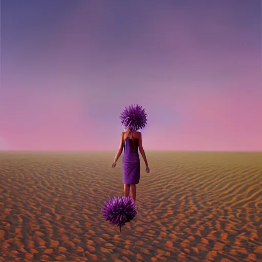 Image similar to portrait, giant purple dahlia flower head, woman between dunes, surreal photography, sunrise, blue sky, dramatic light, impressionist painting, digital painting, artstation, simon stalenhag
