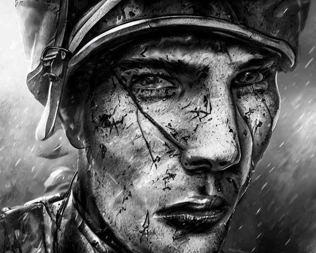 Image similar to A soldier in despair in a world war 1 trench, close-up, realistic face, beautiful face detail, mature facial features, black and white, amazing digital art, hyper detailed, artstation, in the style of Tony Sart