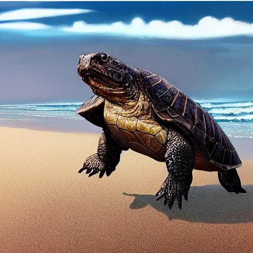 Image similar to large cute adorable snapping turtles walking on the beach in maui, hyper realistic painted by greg rutkowski, unreal engine