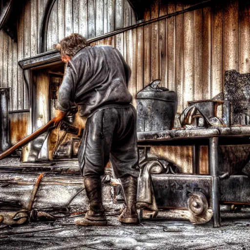 Image similar to a old grumpy blacksmith hammering away on burned metal, realistic, hdr, clear image, hdd, medival,