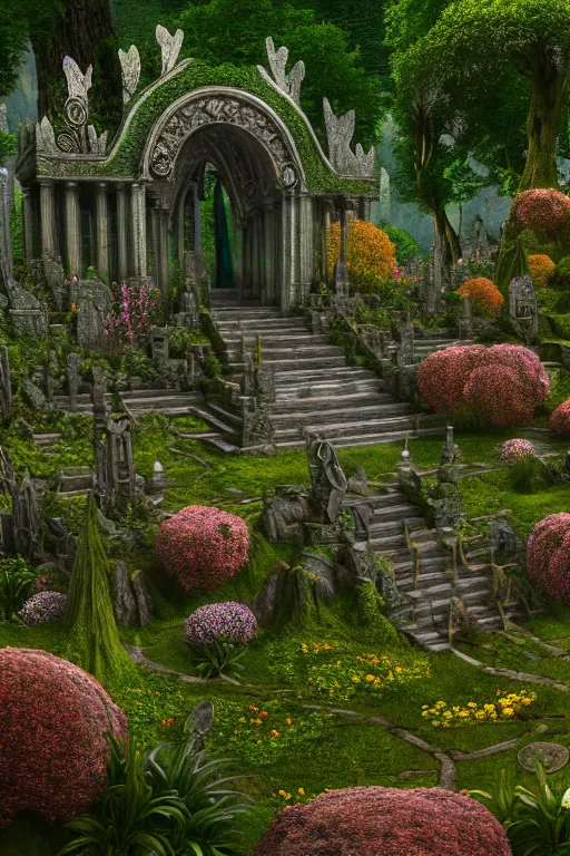 Image similar to photography of a hyper realistic lost celtic elven temple in a magical fantasy garden, lake, colorful flowers, epic scale, insanely complex, hyperdetailed, sharp focus, hyper realism, artstation, cgsociety, 8 k, bright colors, by takato yamamoto caspar friedrich, albert bierstadt, james gurney, unreal engine 5