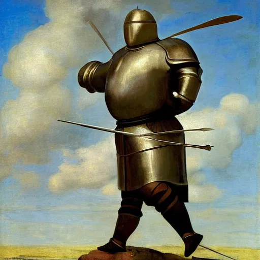 Prompt: knight with giant and too heavy sword, no horse, by camille corot, by fernando botero, by pieter bruegel the elder, painting, fine art, high contrast, divine, strong, rembrandt lighting, ray tracing global illumination, ray tracing reflections, insanely detailed and intricate, hypermaximalist, elegant, ornate, hyper realistic, super detailed