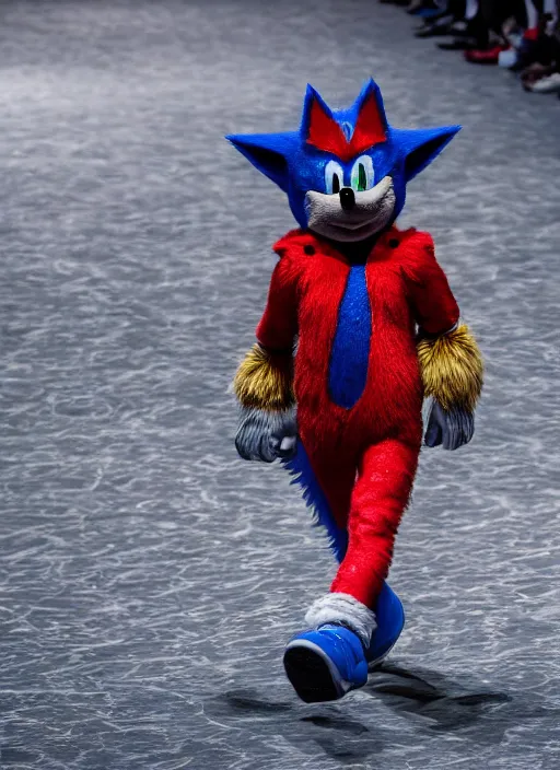 Image similar to hyperrealistic and heavy detailed moncler runway show of sonic the hedgehog, leica sl 2 5 0 mm, vivid color, high quality, high textured, real life