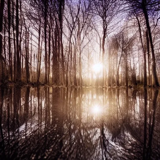 Image similar to bright nordic forest, sparkling spirits, detailed wide shot, water, ground detailed, wet eyes reflecting into eyes reflecting into infinity, beautiful lighting