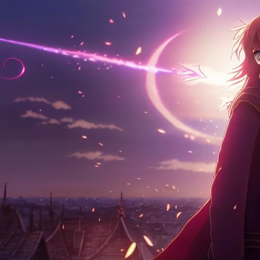 Image similar to emma watson in heavens feel movie, demon slayer, ufotable, kyoani, high quality, key visual, cinematic, city background, night time, rooftop, fate stay night, unlimited blade works, greg rutkowski, extreme close up, rin outfit, anime, high angle, high budget