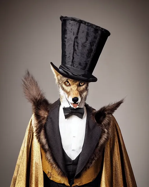 Image similar to Tall, elegant, Coyote man, has yellow wolf eyes, a long beautiful tail, long coyote like ears, He is dressed Victorian era style, wearing a Top Hat and cape, highly realistic, photoreal, photograph in the style of Annie Leibovitz, Studio lighting