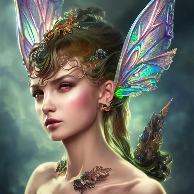 Prompt: detailed portrait of beautiful fantasy fairy paladin made of iridescent smoke, dark fantasy, sharp focus, vibrant, vivid, magical shiny skin, symmetry, highly detailed, 4 k digital painting, detailed skin, crystal, magical, raytracing, plasma, artistic, concept art by artgerm, greg rutkowski, alphonse mucha, unreal engine render,