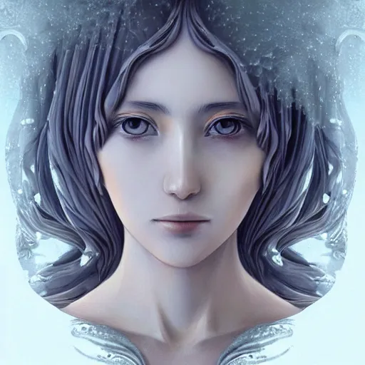 Image similar to “a delicate renaissance marble sculpture covered with water veil, highly detailed transparent marble cloth, beautiful girl with long hair, intricate, highly detailed, digital painting, artstation, official media, anime key visual, concept art, rich vivid colors, ambient lighting, sharp focus, illustration, art by Artgerm, Makoto Shinkai, Ilya Kuvshinov, Lois Van Baarle, and Rossdraws, gi, global illumination, physically based rendering, photorealistic, top light , dark background”