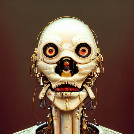 Prompt: closeup portrait of eyeless cyborg albino mandarin with thin, stained lips and smoking eye sockets standing under rococo lamp on rooftop overlooking the city, science fiction concept art by j. c. leyendecker, greg rutkowski, yoshitaka amano, and rembrandt