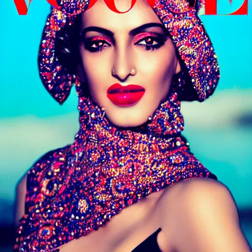 Image similar to a beautiful professional photograph by hamir sardar, herb ritts and ellen von unwerh for the cover of vogue magazine of a beautiful and attractive moroccan female fashion model looking at the camera in a flirtatious way, zeiss 5 0 mm f 1. 8 lens