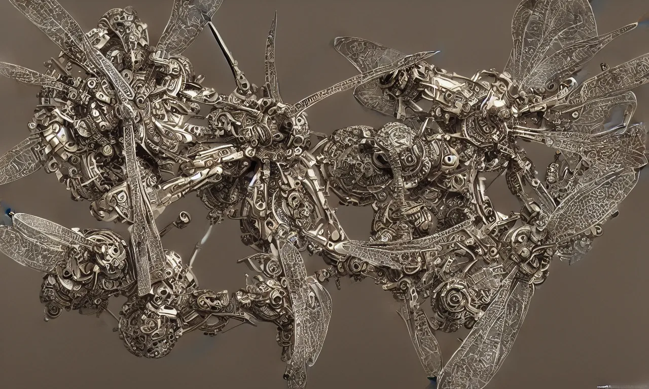 Prompt: mechanical diagram of a single Mechanical dragonfly, photorealistic, elaborate, highly detailed, ornate, shiny, octane render, style by Richard Estes,