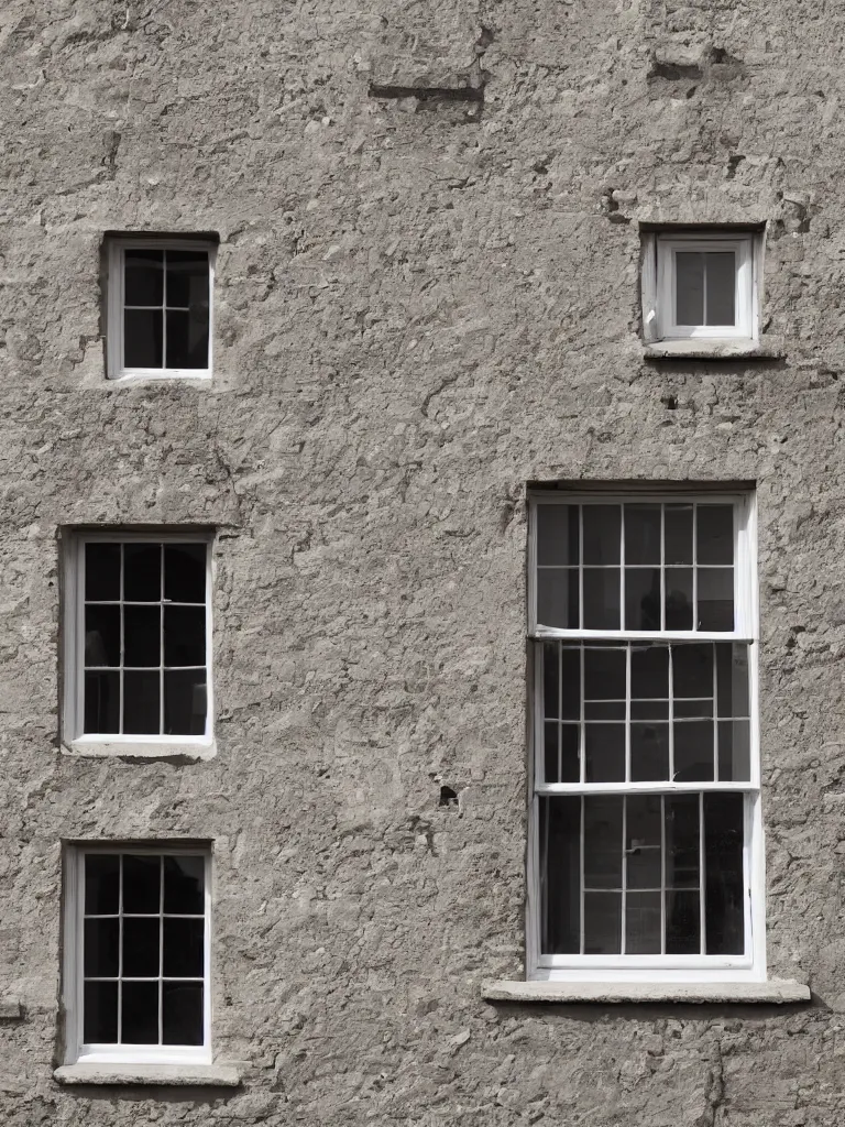 Image similar to single triangular or round sash window on a british wall, surprised and perplexed builders standing in front of it