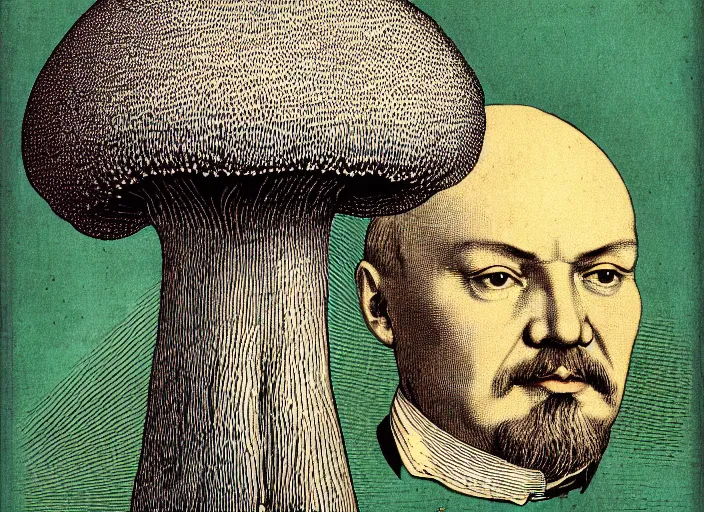 Prompt: Lenin mushroom head!!!, made by Wenceslas Hollar and Ernst Haeckel in vintage Victorian England colourised print style with saturated colours