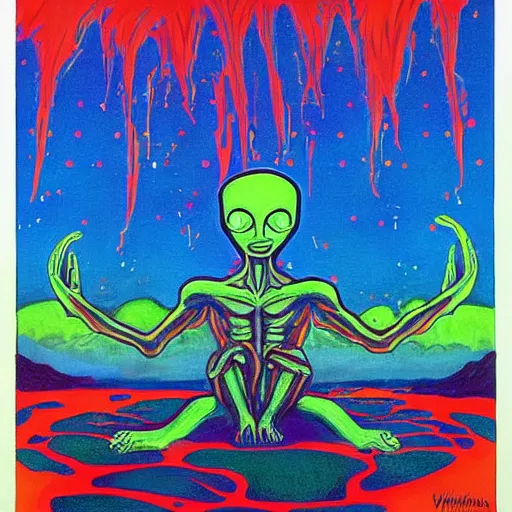 Prompt: a beautiful painting of an alien meditating in front of a giant black power fist in the center, worshipped by aliens dancing in lava fields by victor moscoso