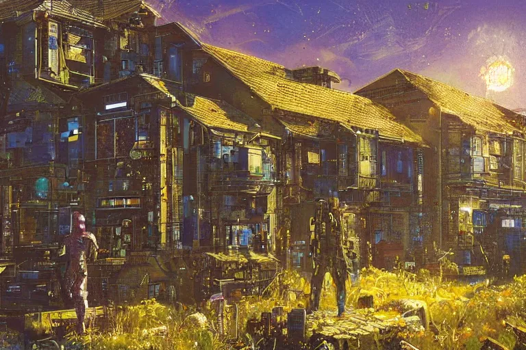 Image similar to cyberpunk, an estate agent listing external photo of a 5 bedroom detached house made of gold in the countryside, sunny day, clear skies, by Paul Lehr
