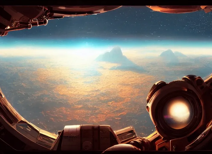 Prompt: view of an alien planet from the window of a space station, cinematic shot, oil painting by eren arik, extremely detailed, brush hard, artstation, for aaa game, high quality, brush stroke