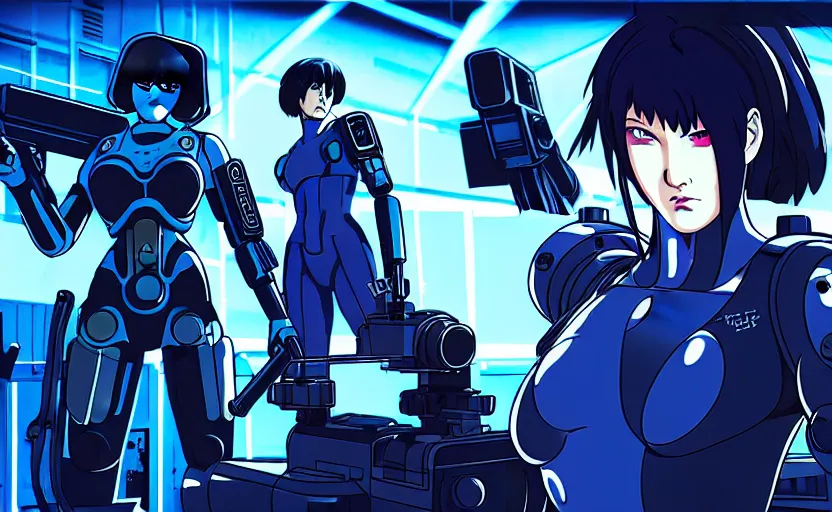 Prompt: action scene, female cyberpunk fighting tanks with lasers, symmetrical faces and eyes symmetrical body, Ghost in the Shell, Madhouse anime studios Black Lagoon Perfect Blue, Wit studio anime, Jormungand anime, studio lighting, bright colors, beautiful, 35mm lens, vibrant, high contrast