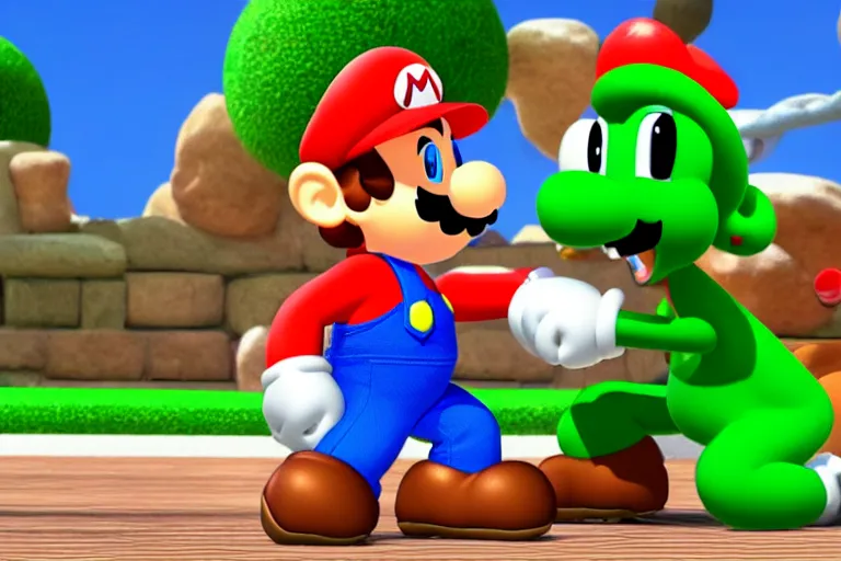 Image similar to a photo of mario punching yoshi in the face, photorealistic, 8 k