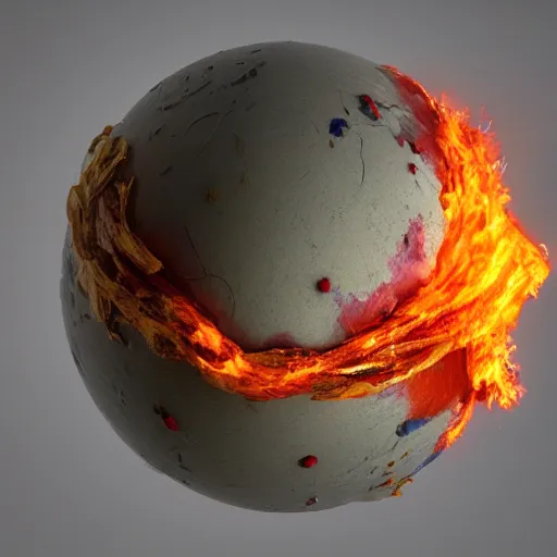 Image similar to 3 d render of a sphere being covered by extremely detailed splatters of abstract paint, engulfed in flames in the style of, pascal blanche, surreal, beksinski, high detailed, volumetric lighting, octane render