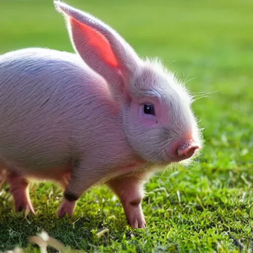 Prompt: a beautiful photograph of a piglet with bunny ears standing on grass