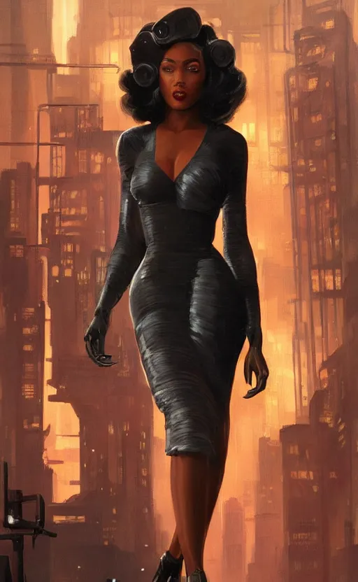 Image similar to an attractive young Black woman cyborg, clothed like a 1940s femme fatale, intricate, elegant, highly detailed, digital painting, film noir lighting, Blade Runner city background, trending on artstation, concept art, smooth, sharp focus, illustration, art by artgerm and greg rutkowski and alphonse mucha