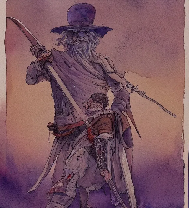 Image similar to a watercolor ink painting of a warmage holding an executioner's sword in the style of jean giraud in the style of moebius trending on artstation deviantart pinterest detailed realistic hd 8 k high resolution