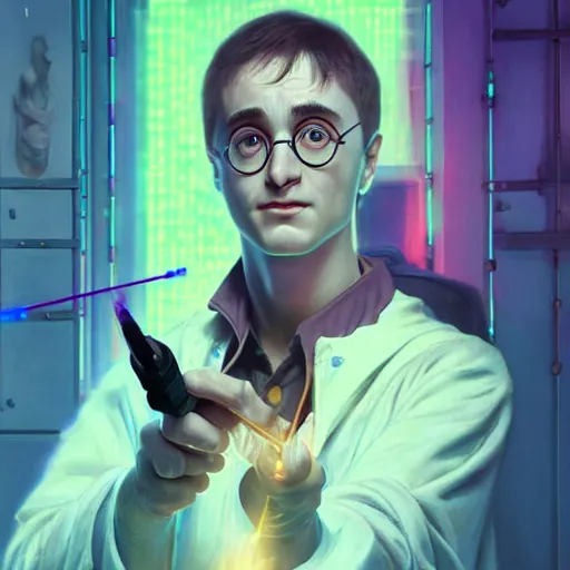 Image similar to portrait of Harry Potter with implants in cyberpunk, neon lighting, holding laser wand, digital art from artstation by Ruan Jia and Mandy Jurgens and Artgerm and william-adolphe bouguereau and Greg Rutkowski and Wayne Barlowe