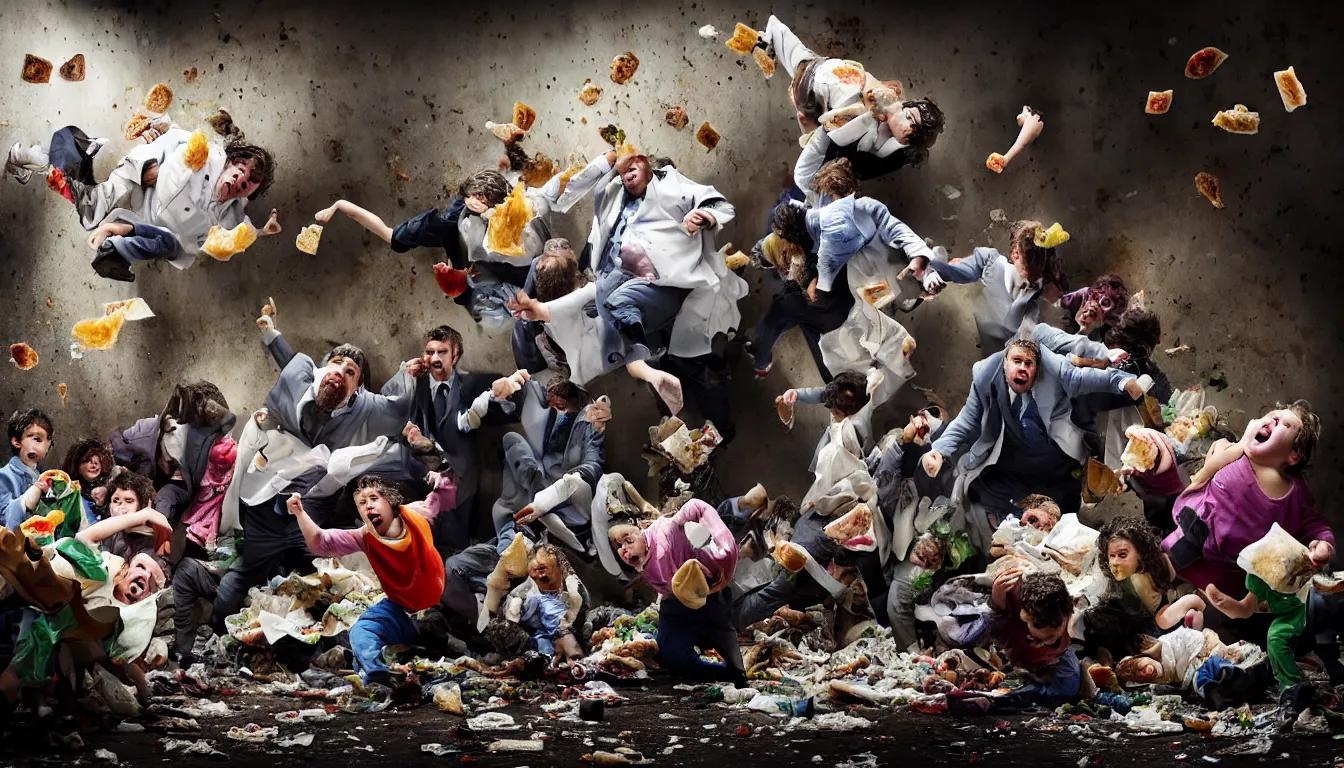 Image similar to disheveled children in rags and obese men in suits fighting in a squalid subway over piles half eaten fast food money floating in the air, hyper realistic photo, full colour, upscale, 8 k, masterpiece,