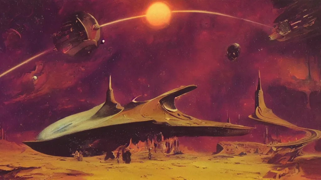 Image similar to spaceship design by paul lehr and jack gaughan and john schoenherr, epic cinematic matte painting