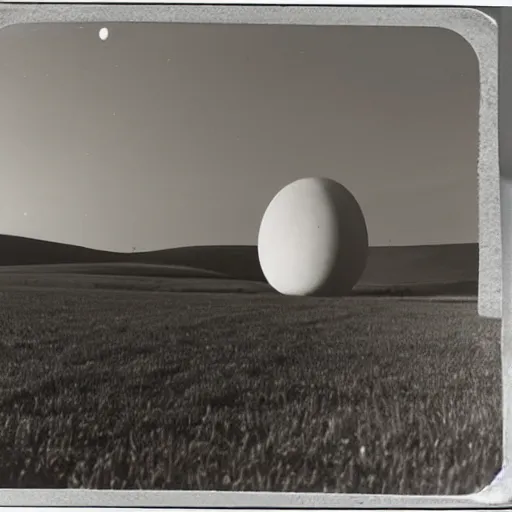 Prompt: A giant oval UFO looming over a field at night bathing the landscape in a deep red glow, unsettling atmosphere, 1950 photo