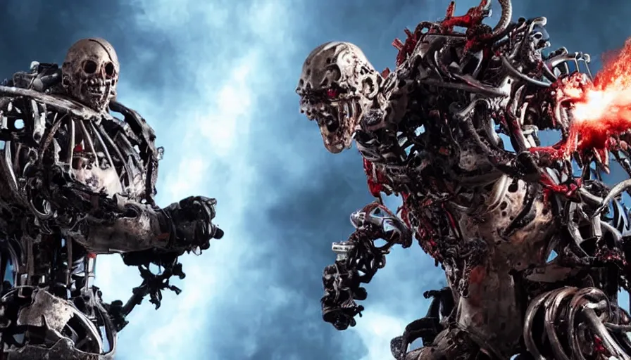 Image similar to big budget action movie about a demonic battle cyborg smashing up a science lab
