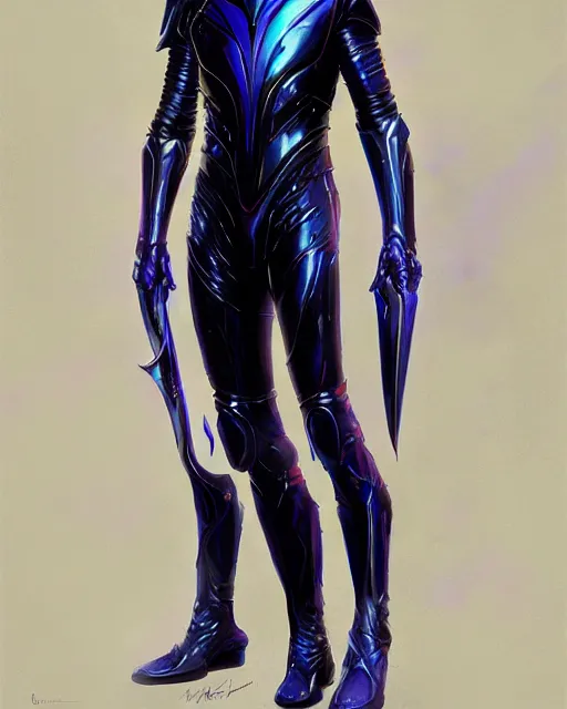 Prompt: character concept of iridescent sinewy smooth muscular male sleek glossy indigo black pearlescent liquid metal scifi armor with smooth black featureless helmet, by greg rutkowski, mark brookes, jim burns, tom bagshaw, magali villeneuve, trending on artstation