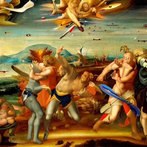 Prompt: intergalactic war with spaceships and missiles and explosions and stars in style of a renaissance painting, 8 k