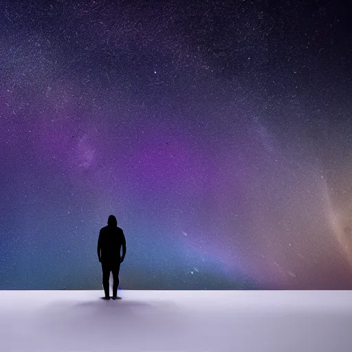 Image similar to 4K Epic Ultra HD detailed award-winning wallpaper silhouette of lonely man standing on rock looking at huge vast sky universe Milky Way aurora