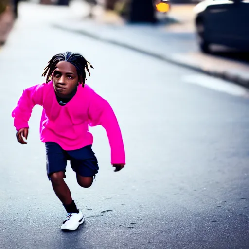 Image similar to portrait of midget a $ ap rocky running down a sidewalk, sharp focus, 4 k professional photograph, soft lighting