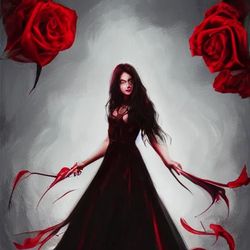 Prompt: stunning comic book style portrait painting of Long Black Haired beautiful woman wearing red dress, red eyes, holding black rose, in the style of WLOP, 8k masterpiece, cinematic lighting, pristine clean design, high fantasy, insanely detailed, atmospheric,