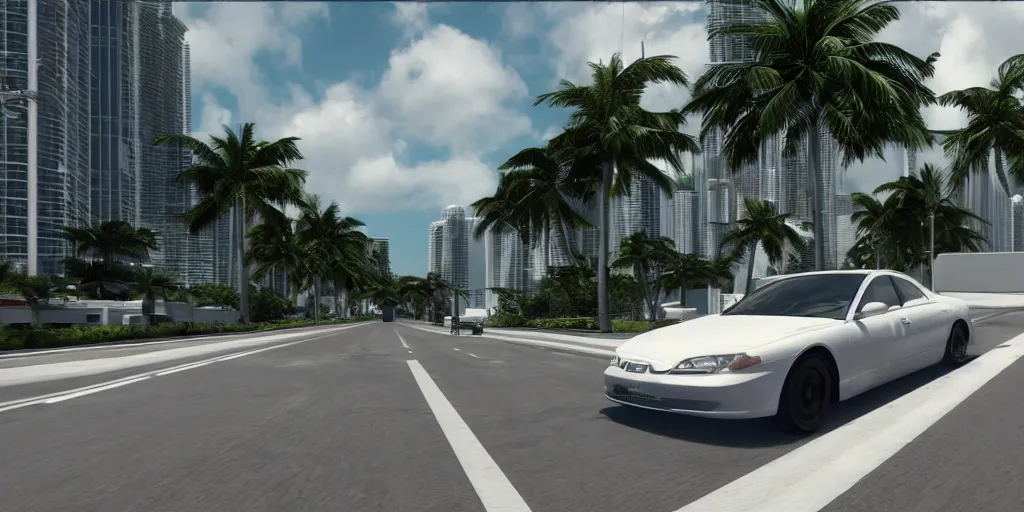 Prompt: car driving across miami, third person bumper camera, realistic, vray, path traced, render